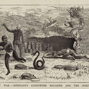 The Zulu War, Cetewayos Gunpowder Magazine and the Spirit of Panda (engraving)