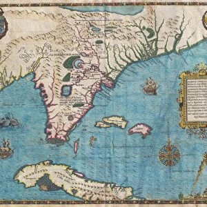 1591, De Bry and Le Moyne Map of Florida and Cuba, topography, cartography, geography