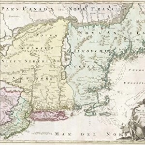 1716, Homann Map of New England Nova Anglia, topography, cartography, geography, land