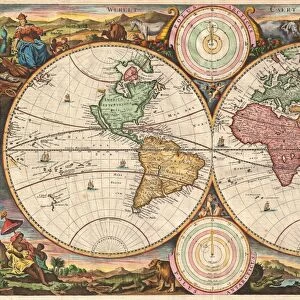 1730, Stoopendaal Map of the World in two Hemispheres, topography, cartography, geography