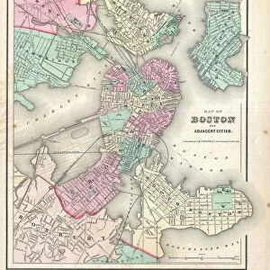 1857, Colton Map of Boston, Massachusetts, topography, cartography, geography, land