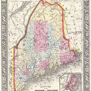 1864, Mitchell Map of Maine, topography, cartography, geography, land, illustration