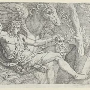 Apollo holding pipes right hand accompanied Pegasus