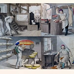 The bakery, the butchers, the shoemaker, 19th century lithograph, bread, oven, fire