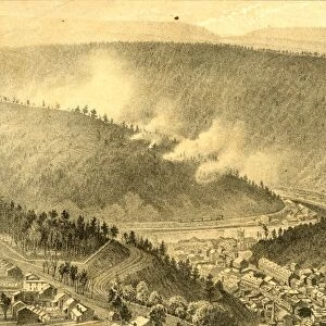 Birds eye view showing Mauch Chunk, Pennsylvania with Lehigh Canal, railroad