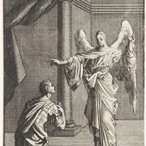 Cornelius kneels before the angel sent to him, Jan Luyken, print maker: Anonymous, 1712