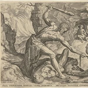 Hercules drags Cerberus from Hell, Julius Goltzius Cornelis Cort, in or after 1563