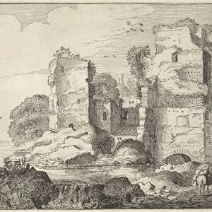 Landscape with figures and burros on a road near ruins, left a watermill, print maker