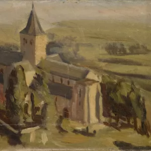 Landscape medieval church oil board 24. 5 x 32 cm