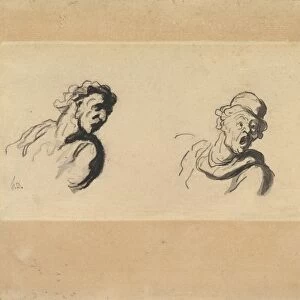 Two Male Heads 19th century Conte crayon wash