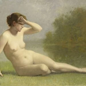 Nymph young naked woman sitting grass waterfront