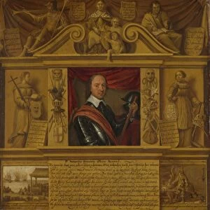 Portrait of Oliver Cromwell, in a Frame with Allegorical Figures and Historical Representations