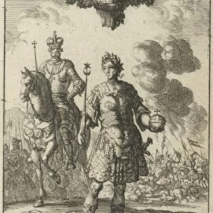 Roman emperor with scepter and globe, flying above him is an eagle with a crown in
