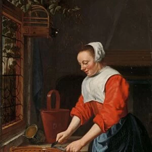 servant girl maidservant kitchen maid cutting something