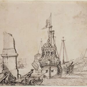 A ship in a port near a ruined obelisk