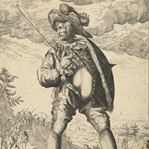 Soldier with sword and shield, print maker: Anonymous, Jacob de Gheyn II, Hendrick