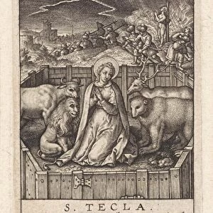St. Thecla of Iconium surrounded by a lion, a bear, a bull and a deer, in the background