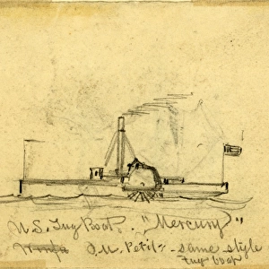 U. S. Tug Boat Mercury, between 1860 and 1865, drawing on cream paper pencil, 8. 3 x 10