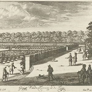 View from the terrace in the garden of Soestdijk Palace, with walking figures, The