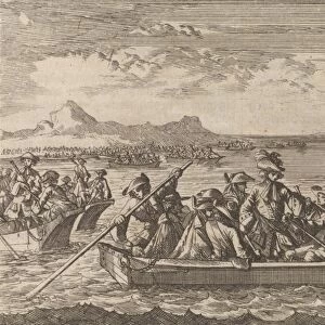 Waldensians chased from Savoy crossing the Lake Geneva in boats back to their country