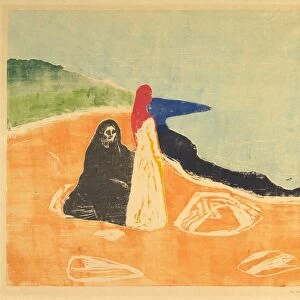 Two Women Shore 1898 Woodcut printed blue orange