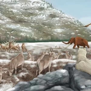 British landscape with various prehistoric animals