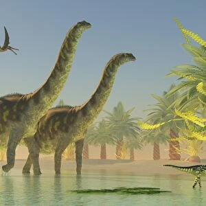 Deinocheirus dinosaurs watch a group of Argentinosaurus walk through shallow waters