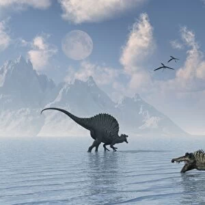 A group of Spinosaurus dinosaurs spending the day fishing