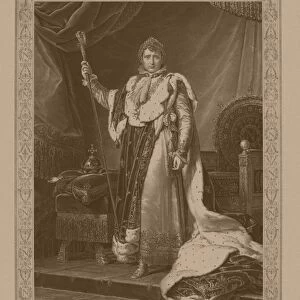 Napoleon Bonaparte in his coronation costume, sitting on his imperial throne