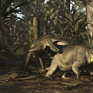 Postosuchus attacking a dicynodont in a Triassic forest
