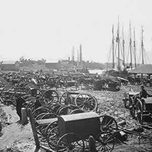 Seized Confederate cannons and caissons on the wharf in Richmond, Virginia