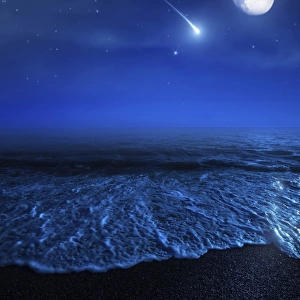 Tranquil ocean at night against starry sky, moon and falling meteorite