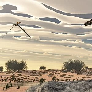 Velociraptor dinosaur observing a pteranodon flying over the desert
