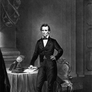 Vintage Civil War era print of President Abraham Lincoln standing near a table
