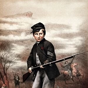 Vintage Civil War print of a Union Drummer Boy holding a rifle on battlefield
