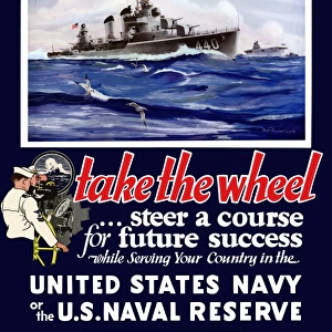 Vintage World War II Navy poster of U. S. warships on the sea
