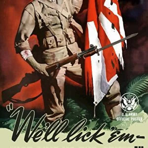 Vintage World War II poster of a soldier on the battlefield