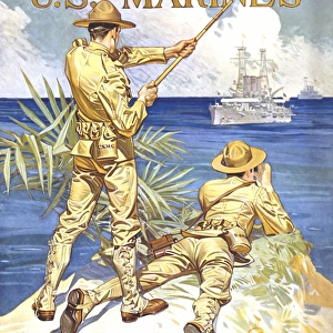 Vintage World War One poster of two Marines signaling a ship with a flag