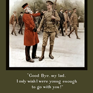 World War I poster of an old gray haired veteran bidding farewell to a young soldier