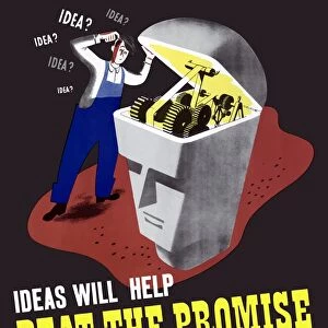 World War II poster of a man inspecting the inner workings of a statues brain