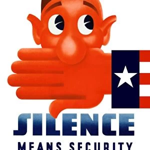 World War II poster of Uncle Sams hand covering the mouth of a cartoon soldier