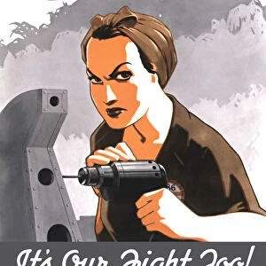 World War II propaganda poster of Rosie the Riveter operating a drill