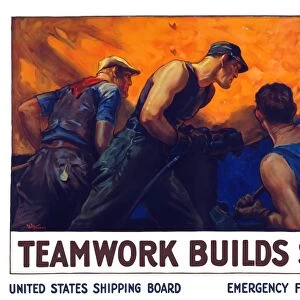 World War II propaganda poster of a team of men riveting the hull of a ship