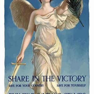 World War One poster of Lady Liberty holding a sword and an olive branch