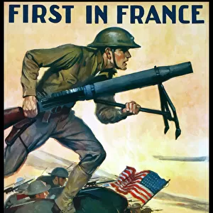 World War One poster of Marines charging into battle behind the American flag