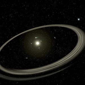 A young star circled by full-sized planets, and rings of dust beyond