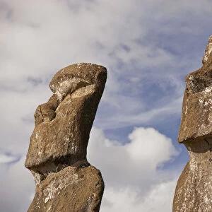 Close up of two stone sculptures / Moai at Ahu Ahivi / Ahu Akivi, Easter Island, South