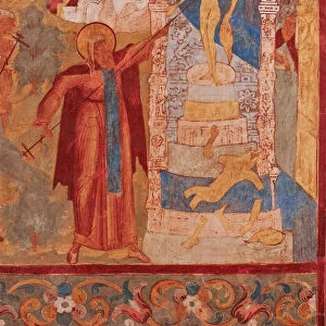 Abraham of Rostov destroys the Veless statue. Fresco of the Church of Saint John The Apostle in Ros
