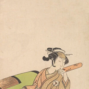 The Actor Iwai Hanshiro IV in Female Role, Standing Beside a Litter, 1726-1792. Creator: Shunsho