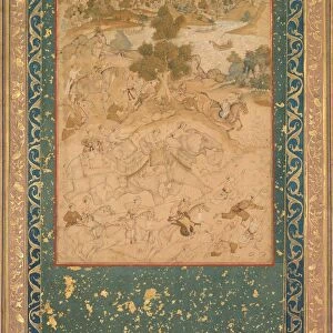 Akbar supervising the capture of wild elephants at Malwa in 1564, painting 90... c